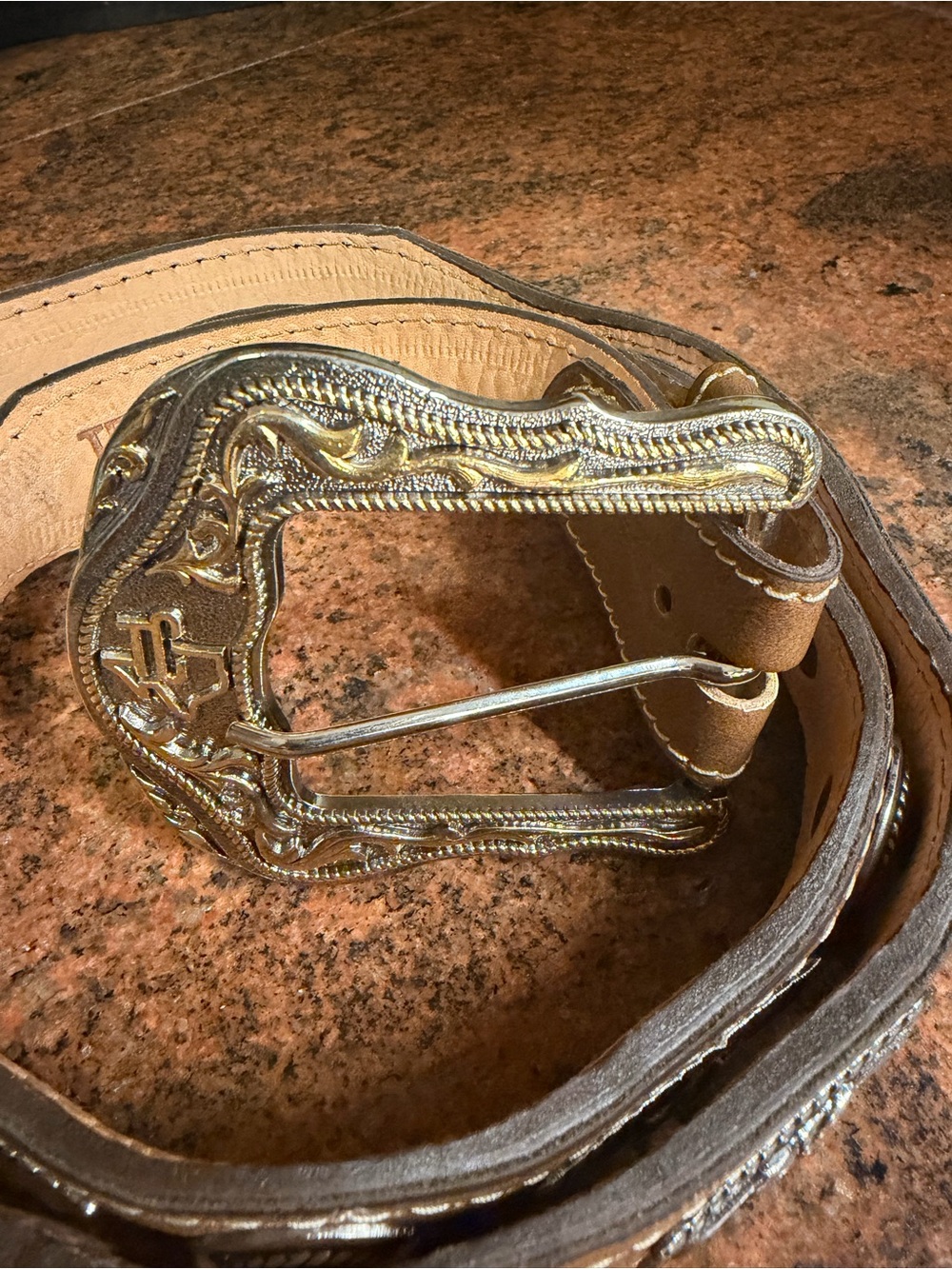 Western Leather Belt with Ornate Gold-Tone Buckle - Brown